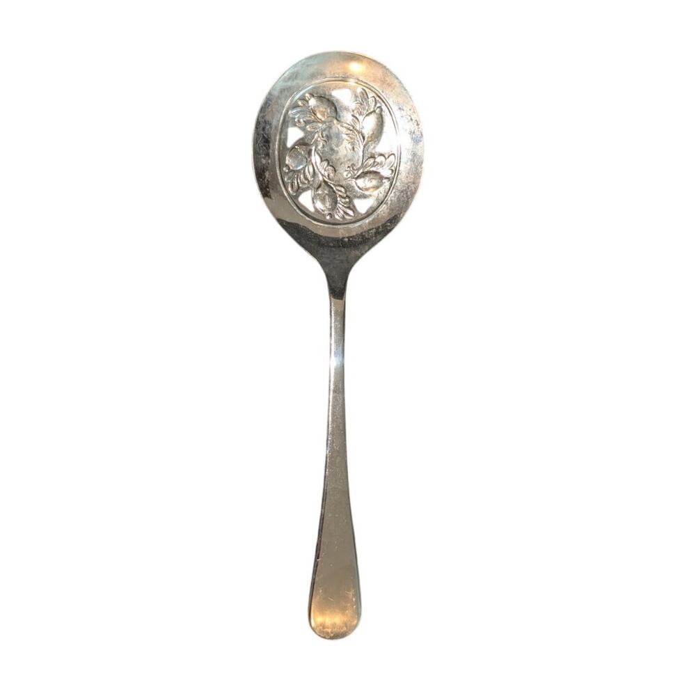 Vintage Sheffield England Slotted Silver Plate Acorn Design Serving Spoon